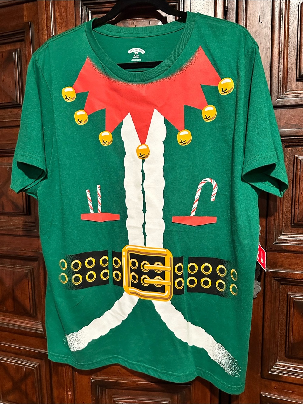 XL Men's Elf Costume T‑Shirt Holiday Time Green Santa's Christmas Helper Party